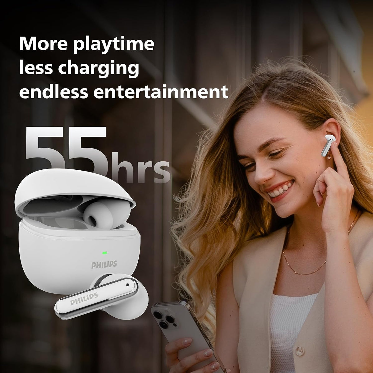 Philips TAT1150WT/94 Wireless Earbuds with ANC,Quad Mic ENC,Up to 55 Hr Playtime, 13mm Neodymium Drivers