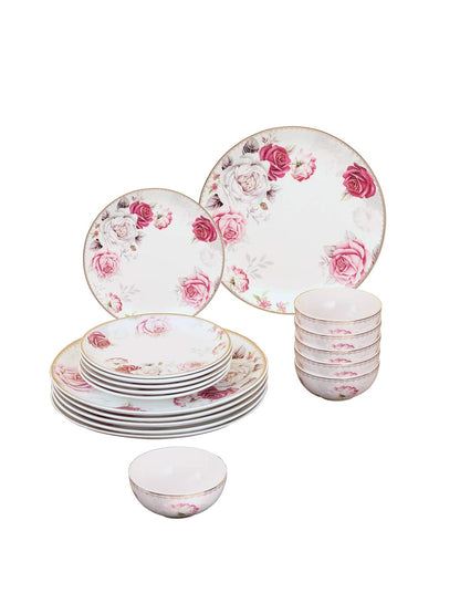 Clay Craft - Urmi Dinner Set of 18 Pieces, Rose Garden 22k Gold, for Family of 6, Dinner Set Ceramic, Crockery Set, Dining Set for Dinner, Plates and Bowls Set, Crockery Set for Gift