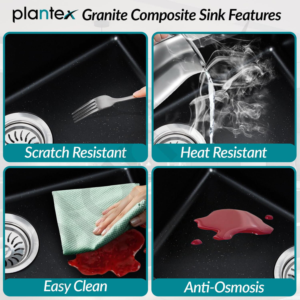 Plantex Matt Quartz Kitchen Sink/UV Protected Kitchen Sink/Undermount Sink For Kitchen/Granite Single Bowl Sink With Coupling (Nano Black, 20X30 Inches)-3