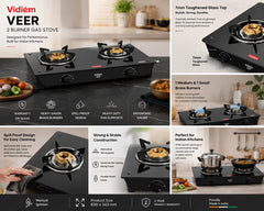 Vidiem VEER 2 Burner Gas Stove with 7mm Toughened Glass Top | Medium & Small Brass Burners | Spill Proof Drip Trays | He