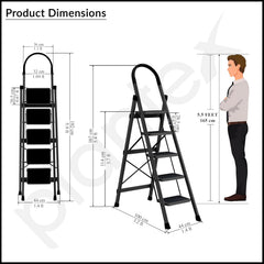 Plantex Ladder for Home 5 Steps/Foldable Ladder with Anti-Skid Wide Steps (30L x 20W cm)/Strong D-Shape Pipe with X-Support for More Stability/5 Year Warranty(Apex-Black)