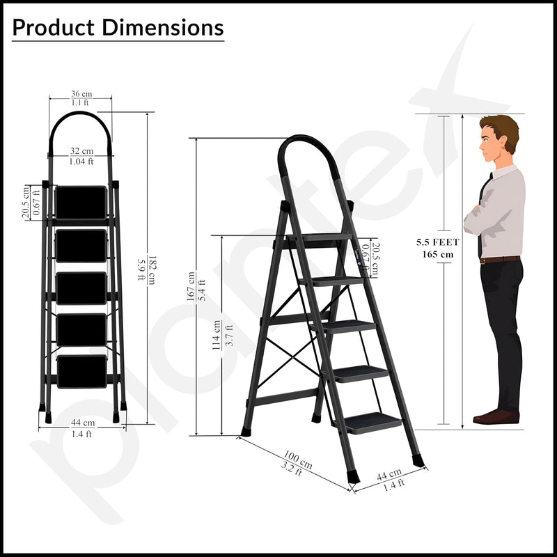 Plantex Ladder for Home 5 Steps/Foldable Ladder with Anti-Skid Wide Steps (30L x 20W cm)/Strong D-Shape Pipe with X-Support for More Stability/5 Year Warranty(Apex-Black)