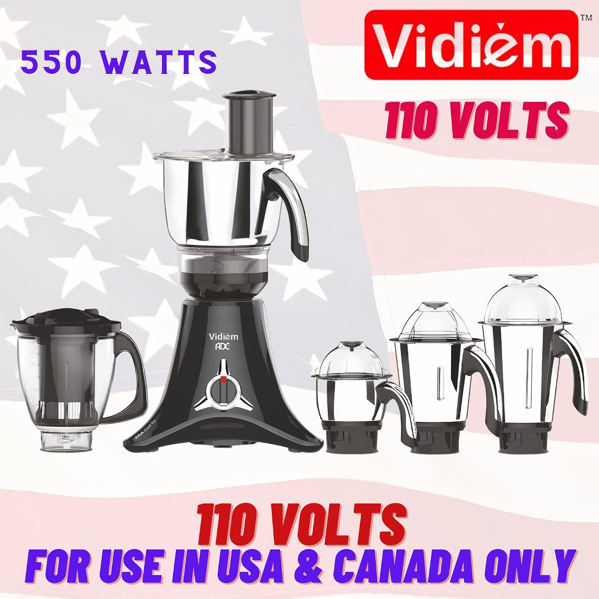 Vidiem MG 603 A VStar ADC 550 Watts 110 Volts Mixer Grinder (Black) - For Use in USA and Canada Only