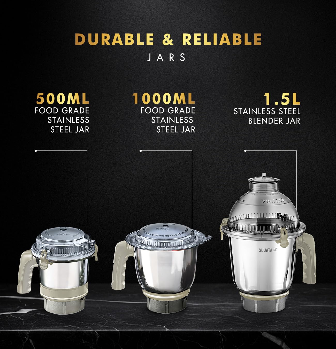 Sujata MG02 Mixer Grinder|1000 Watts Double Ball Bearing Motor|24000 RPM|Non-Stop 90 Mins Running|3 Food Grade Steel Jars including 1500ml Multipurpose, 1000ml Grinder, 500ml Chutney Jar|Beige & White