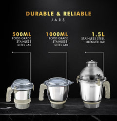 Sujata MG02 Mixer Grinder|1000 Watts Double Ball Bearing Motor|24000 RPM|Non-Stop 90 Mins Running|3 Food Grade Steel Jars including 1500ml Multipurpose, 1000ml Grinder, 500ml Chutney Jar|Beige & White