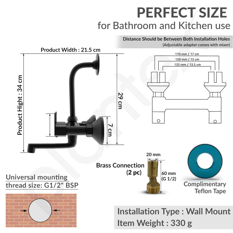 Plantex Wall Mixer for Bathroom 2 in 1 with L-Bend Connecter for Overhead Shower with Brass Spindles/Wall Mixer with Nickel Chrome Mirror Finish/Teflon Tape and Wall Flange-(Saga-blk)-4