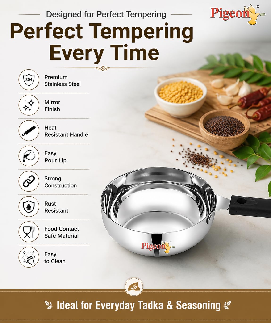 Pigeon Stainless Steel Olive Tadka Pan for Spice Tempering, Long Handle, Induction and Gas Compatible