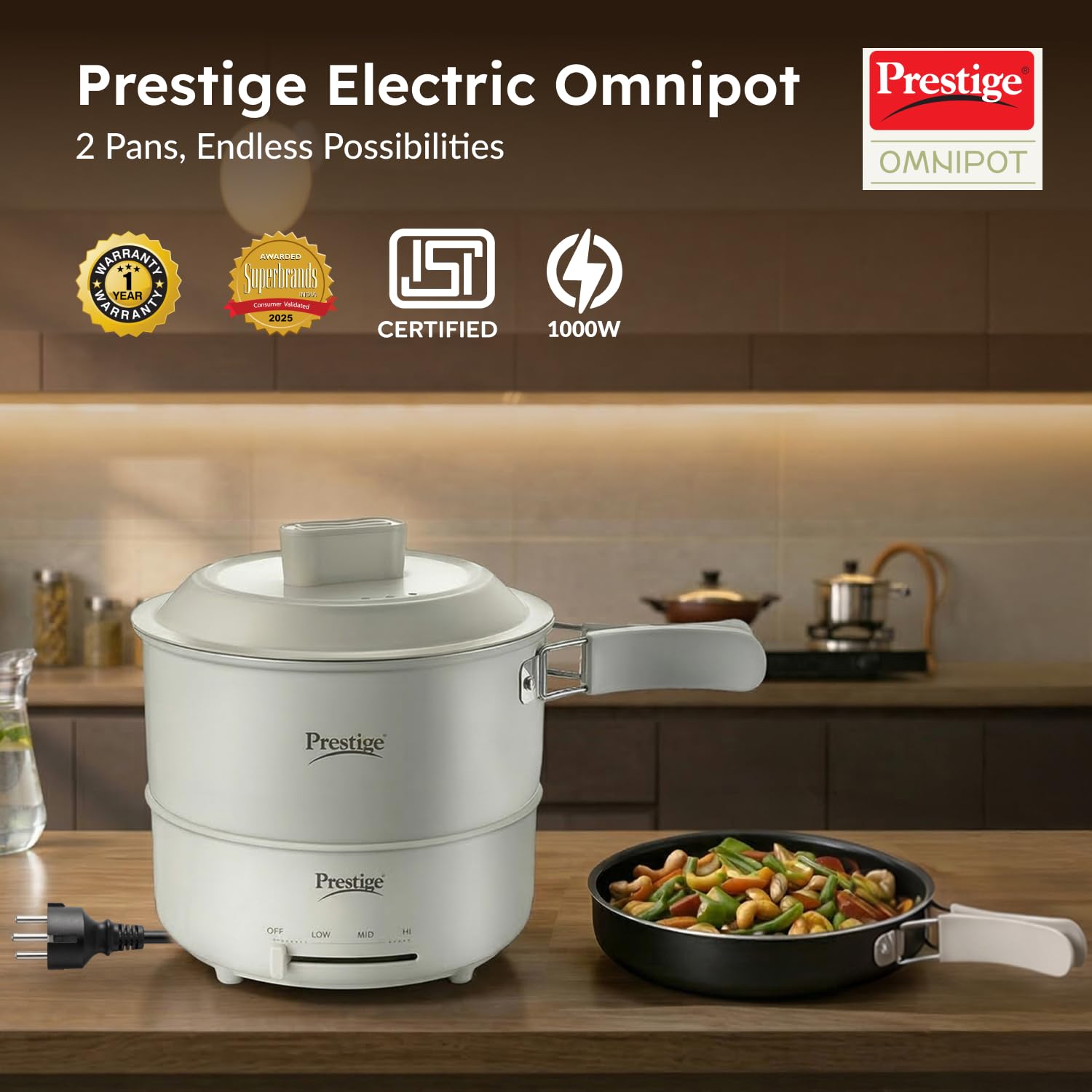 Prestige Electric Omnipot | 1000W Electric Cooking Pan & Fry Pan with Lid | Steam Vent | Temperature Control Slider | Cool-Touch Foldable Handles | Detachable Power Cord | Compact Design | 1Y Warranty