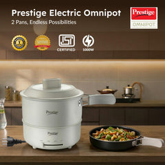 Prestige Electric Omnipot | 1000W Electric Cooking Pan & Fry Pan with Lid | Steam Vent | Temperature Control Slider | Cool-Touch Foldable Handles | Detachable Power Cord | Compact Design | 1Y Warranty