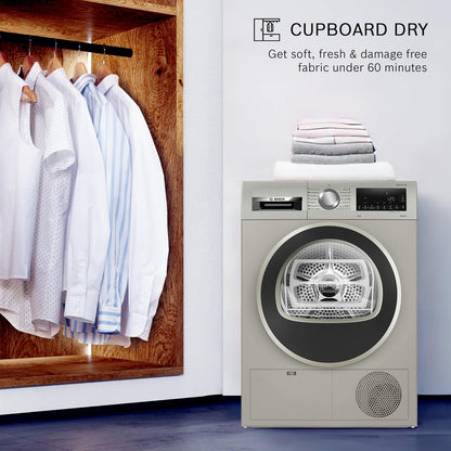 Bosch 8 kg Fully Automatic Front Load Condenser Tumble Dryer (WPG23108IN, 5 Drying Options, 14 Programs, Allergy Plus, 100% Drying with 0% Effort, Inbuilt Heater, Silver)