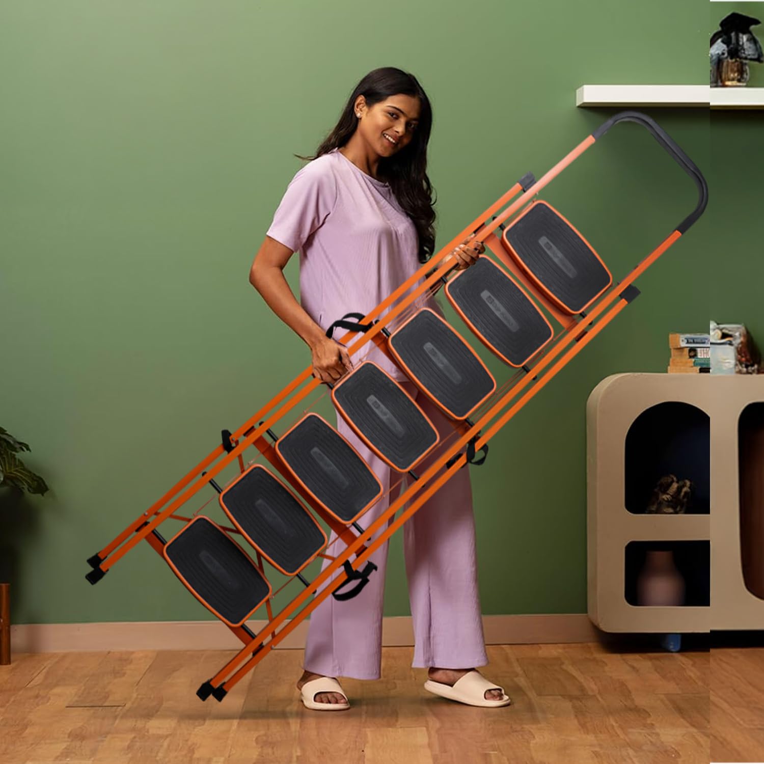 BonKaso Climb Steady Premium Alloy Steel Heavy Duty Multipurpose Foldable 7 Step Ladder with Connecting Frame & Belt Support, Load Capacity Upto 120kg | for Home and Outdoor - (Orange)