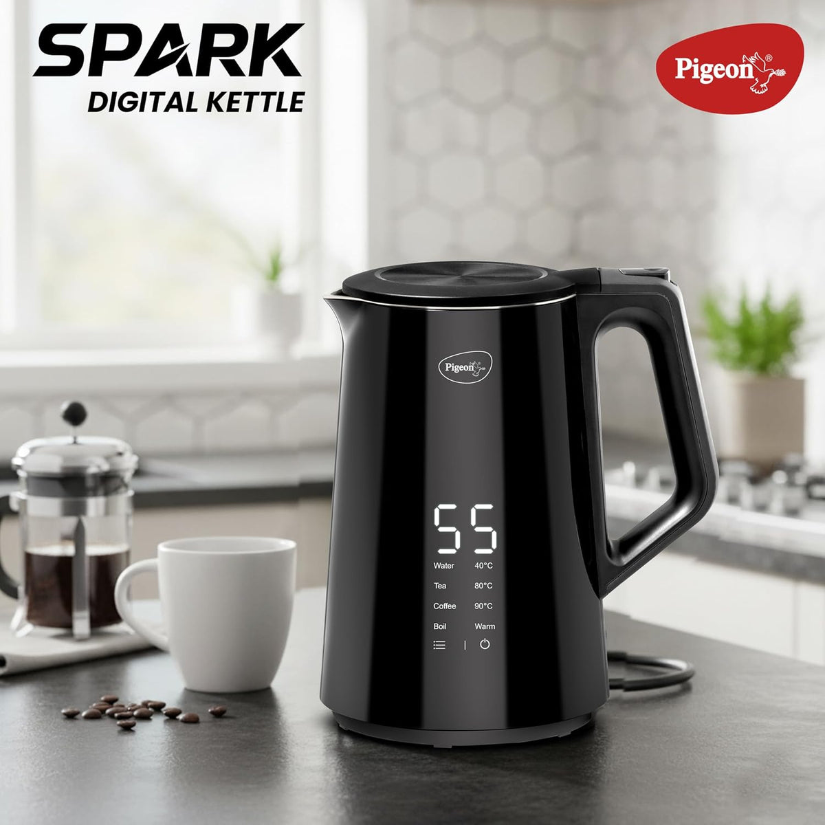 Pigeon Spark Digital Kettle 1500 Watt, 1.5 L with Stainless Steel Body, Used for Boiling Water and Milk, Tea, Coffee, Oa