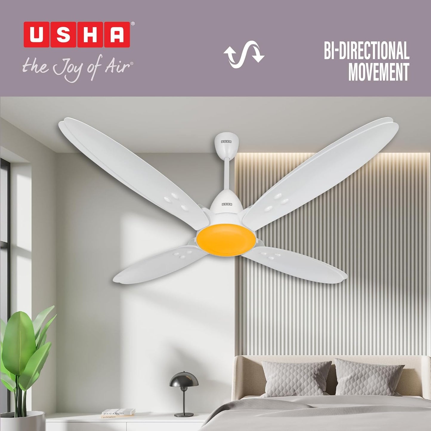 USHA New Bloom Series Lily Nova (Inspired by Lily) 4-Blade BLDC Ceiling Fan with Bi-Directional Feature | Sleep/Boost/Timer Modes | RF Remote | Dust-Resistant | Whisper-Quiet (White & Saffron Yellow)