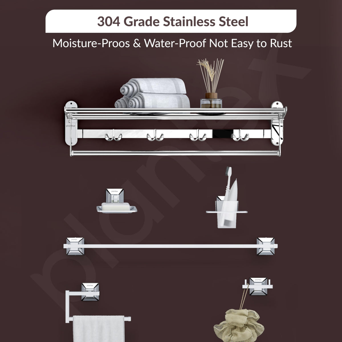Plantex Stainless Steel Folding Towel Rack with SS - 304 Grade Squaro Bathroom Accessories Set 5pcs (Towel Rod/Napkin Ring/Tumbler Holder/Soap Dish/Robe Hook)-4