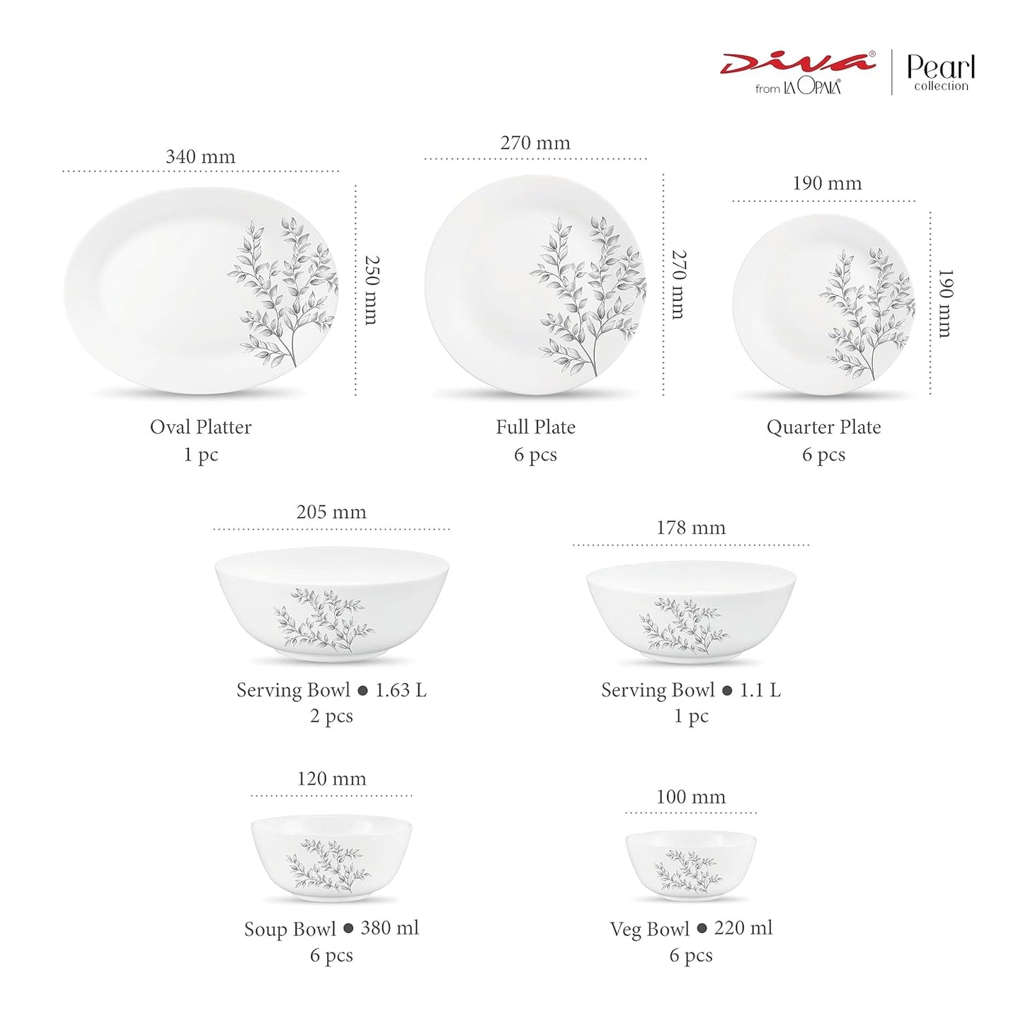 Diva by La Opala, Pearl Collection, Opal Glass Dinner Set 28 pcs, Dusky Vines, White