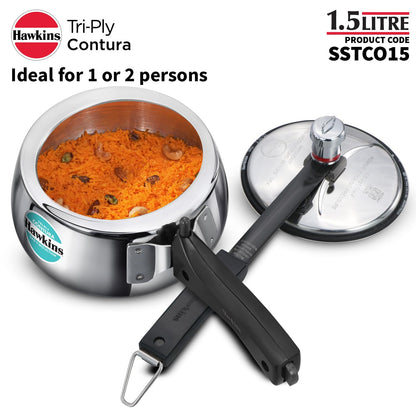 Hawkins 1.5 Litre Triply Contura Induction Pressure Cooker, Triply Stainless Steel, Contura shaped, Silver (SSTCO15)