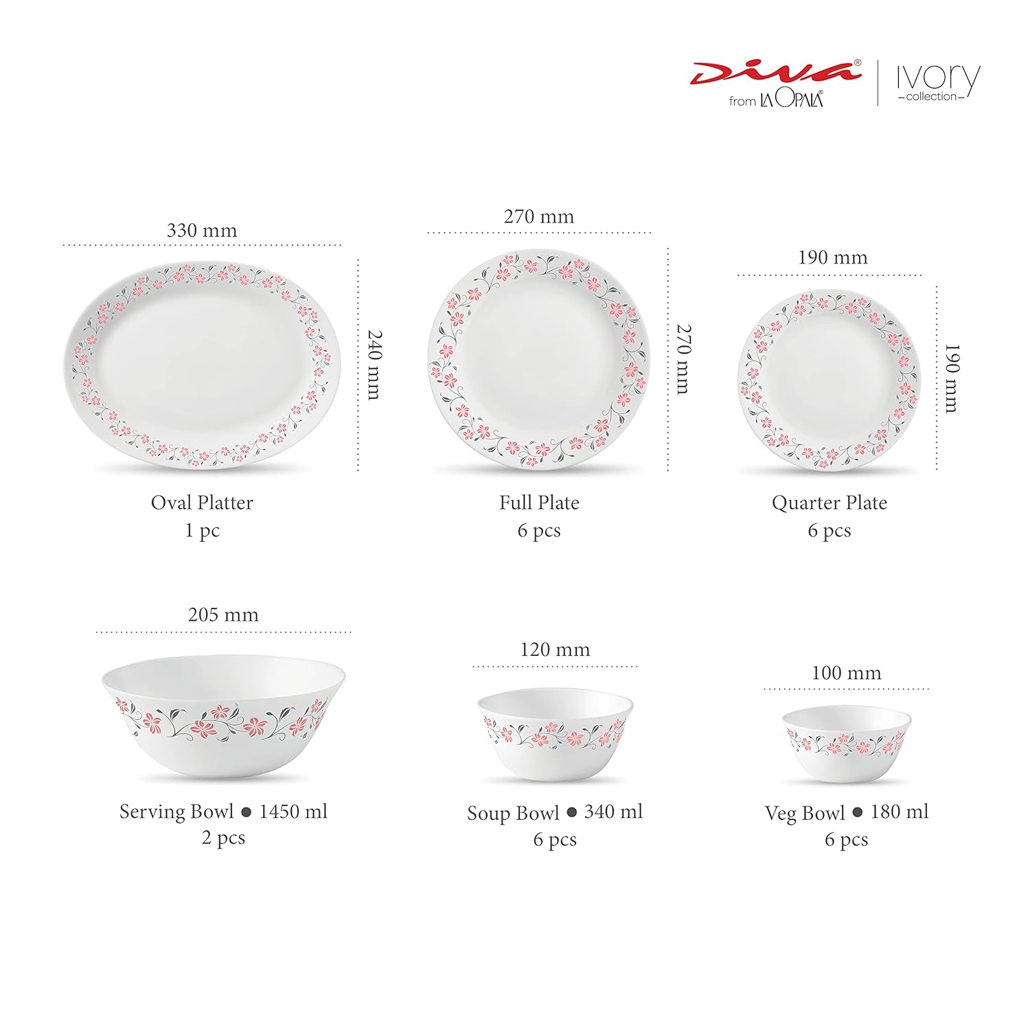 La Opala Diva, Ivory Collection, Opal Glass Dinner Set 27 pcs, Grace Red, White
