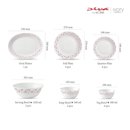 La Opala Diva, Ivory Collection, Opal Glass Dinner Set 27 pcs, Grace Red, White
