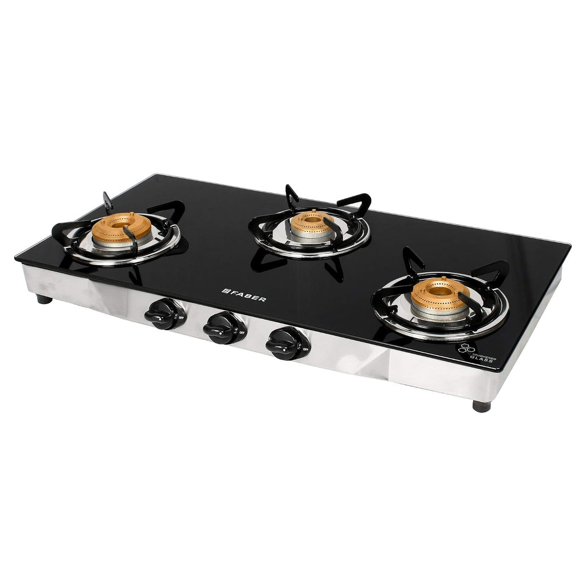 Faber Jumbo SS 3 Brass Burner Cooktop | 1 Jumbo, 1 Medium, 1 Small | Drip Tray | Toughened Glass | SS Finish | Ergonomic