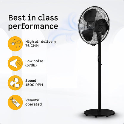 atomberg Renesa 400mm Pedestal Fan | 5-star rated | Ideal for Home & Office | Silent BLDC Stand Fan | 6 Speeds | 35W | Remote with Oscillation, Timer, Sleep | 2 Years Warranty (Midnight Black)
