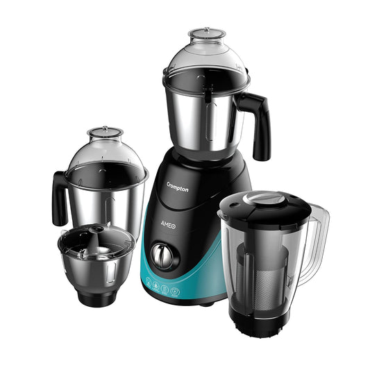 Crompton Ameo 750-Watt Mixer Grinder with MaxiGrind and Motor Vent-X Technology (3 Stainless Steel Jars and 1 Juicer Jar, Black & Green) (AMEO-4JARS), 2 Years Warranty.