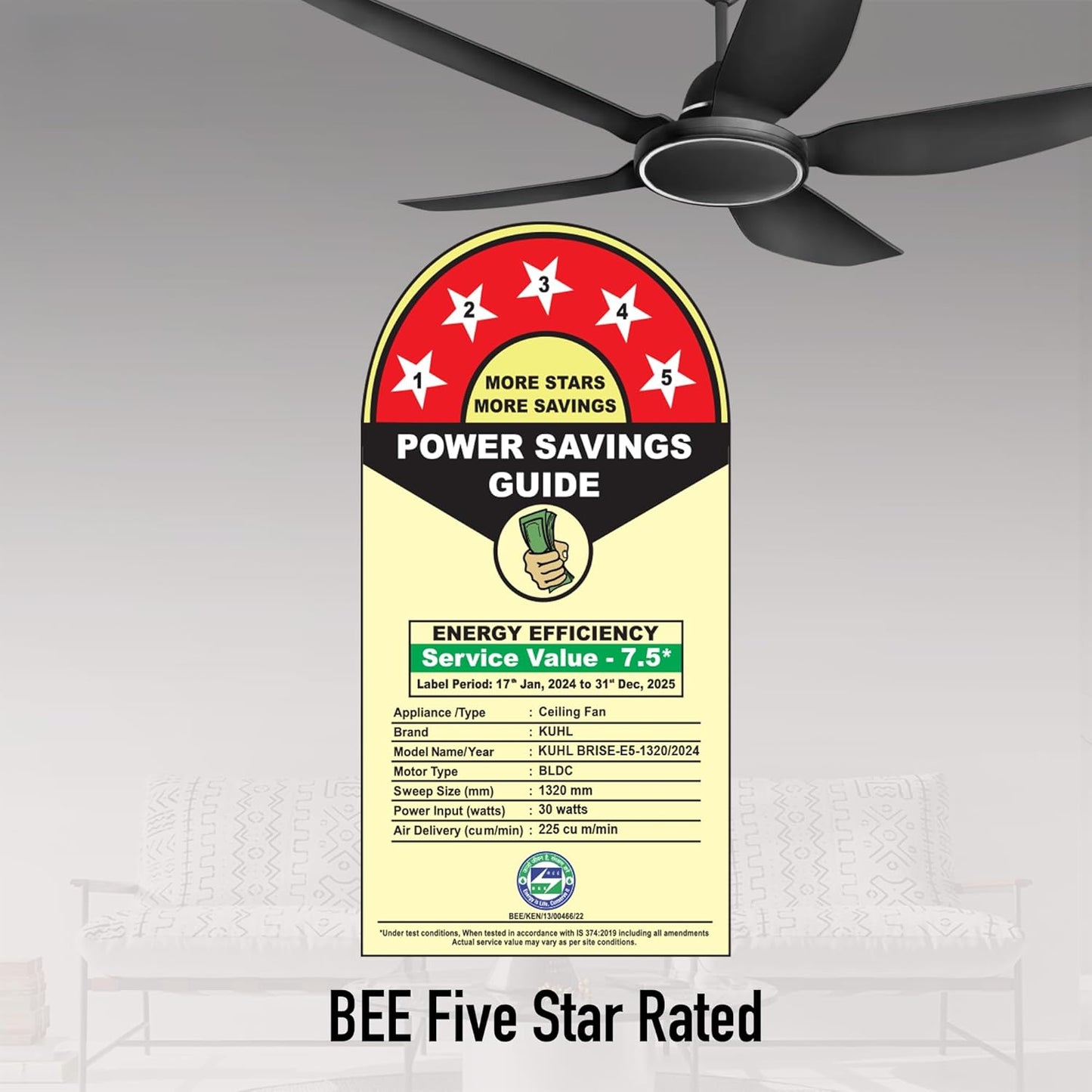 KUHL Brise E5 1320mm Stylish Power Saving BLDC Ceiling Fan with Remote |30 W | 5 Star | Low Noise | IoT- operates via Mobile & Alexa | Reverse Mode |5 Yrs Warranty on Motor | Free Installation | Black