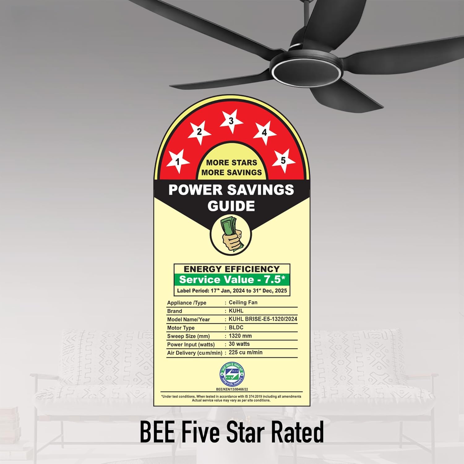 KUHL Brise E5 1320mm Stylish Power Saving BLDC Ceiling Fan with Remote |30 W | 5 Star | Low Noise | IoT- operates via Mobile & Alexa | Reverse Mode |5 Yrs Warranty on Motor | Free Installation | Black