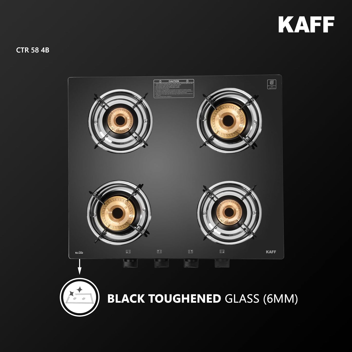 KAFF Cooktop | 4 Burners with Slim Line Design 58 CM | High Efficiency Brass Burners, Black Tempered Glass | Matt Enamelled Pan Support | Black | CTR58-4B