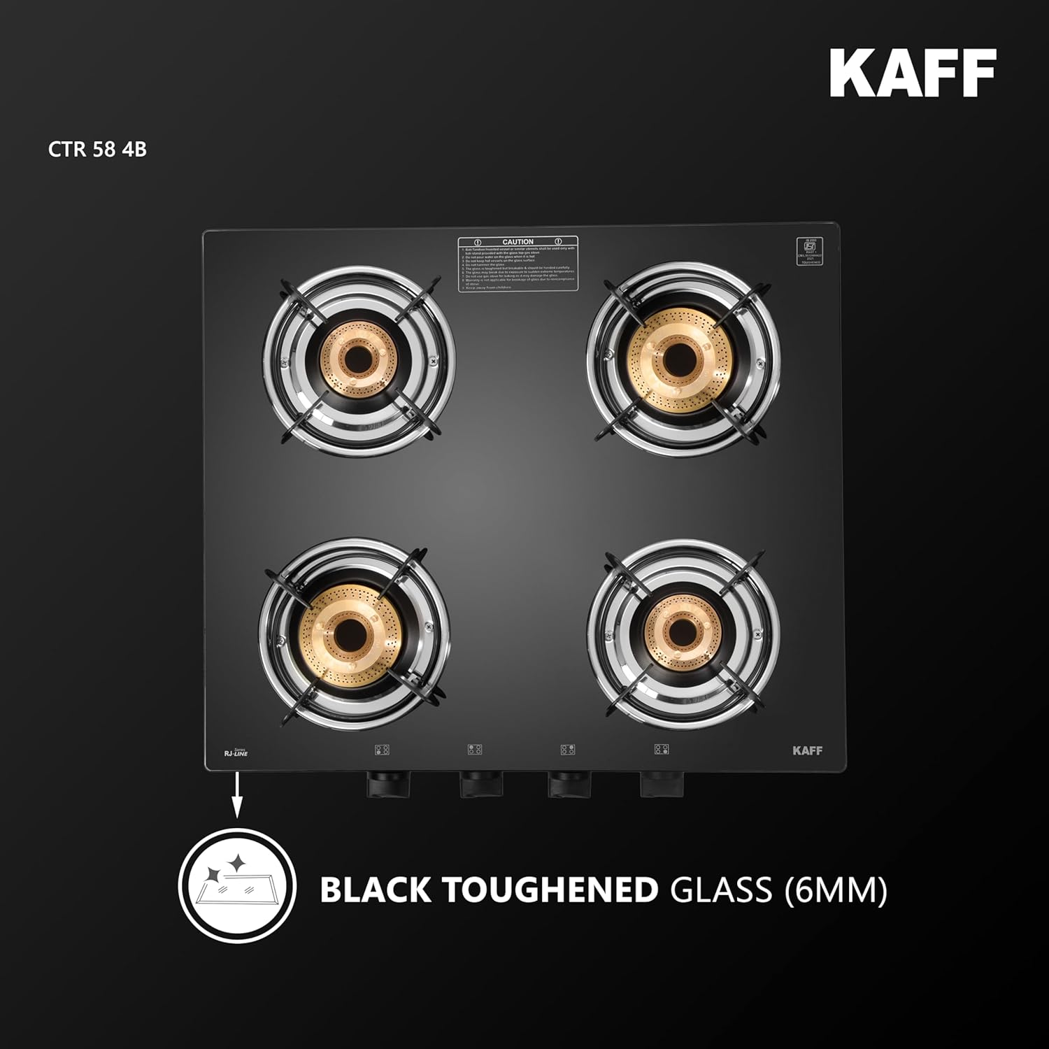KAFF Cooktop | 4 Burners with Slim Line Design 58 CM | High Efficiency Brass Burners, Black Tempered Glass | Matt Enamelled Pan Support | Black | CTR58-4B