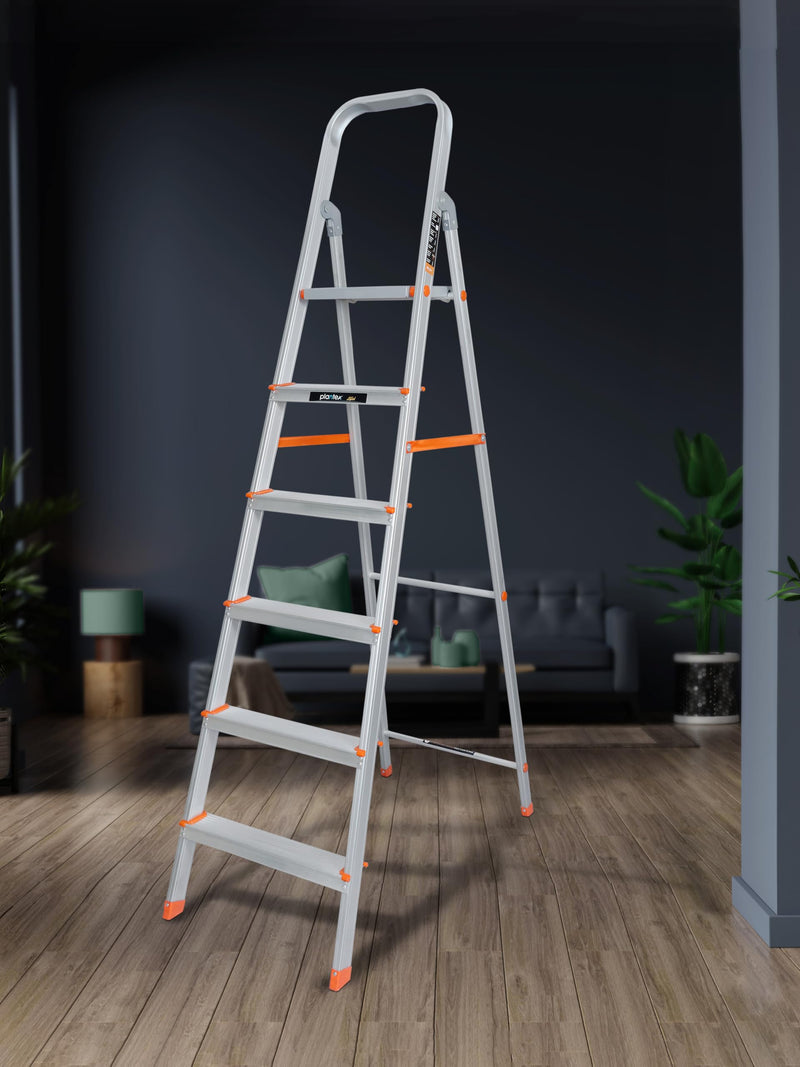 Plantex Legend 4 Step Ladder for Home/Anti-Slip Steps/Easy to Fold Aluminium Ladder/Capacity Upto 150 kg (Orange-Chrome)