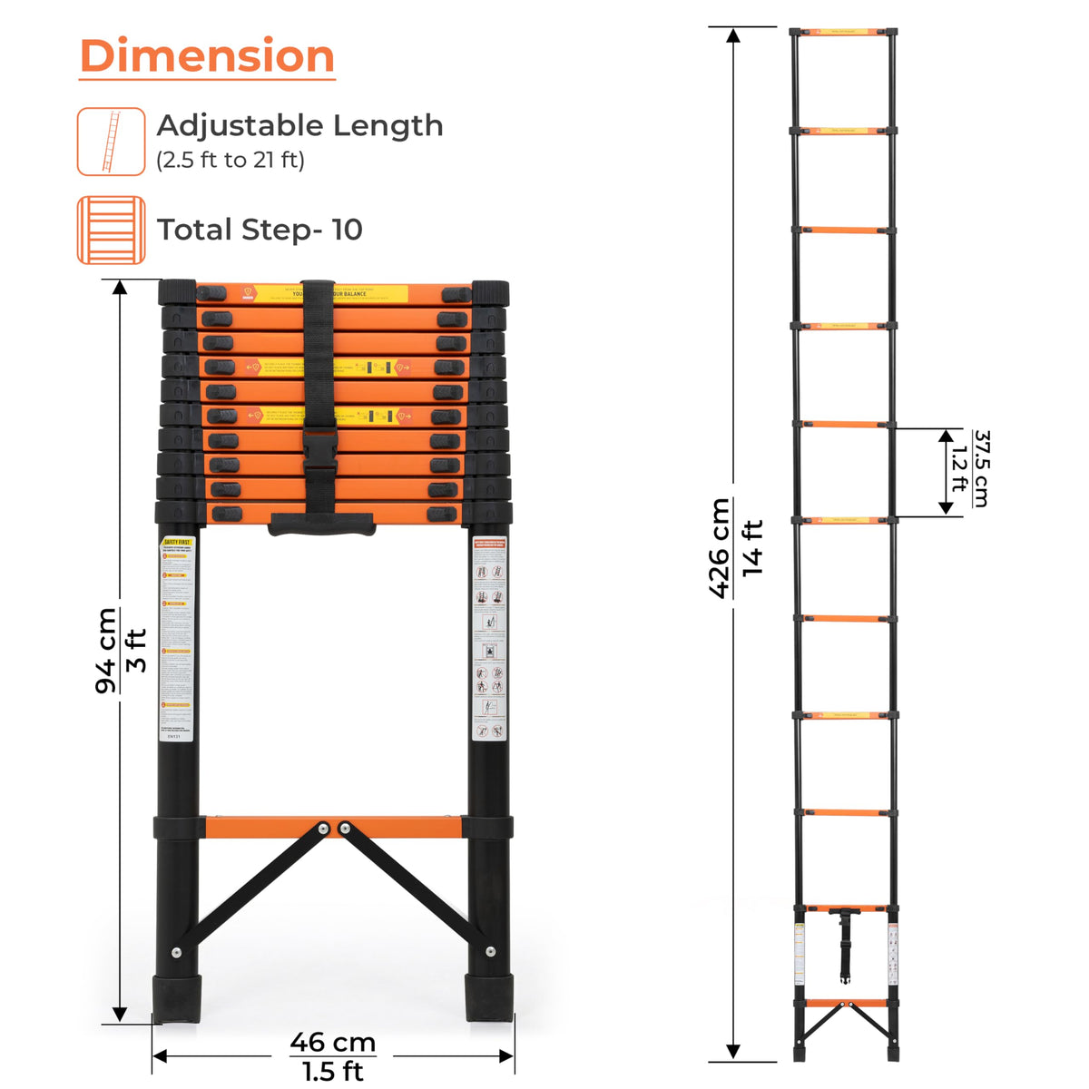 Plantex 4.3m (14.10 ft.) Telescopic Ladder/Carbon Steel 11-Steps Portable & Compact Ladder/Foldable Multipurpose Collapsible Ladder for Home & Outdoor Use - (Orange)-2