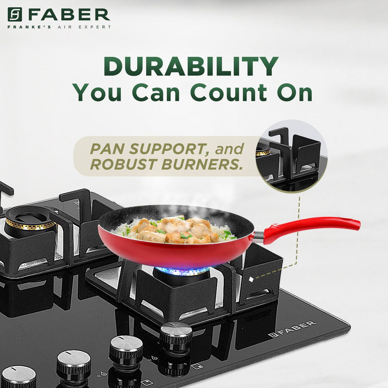 Faber 4 Burner HCT 65 cm Hob| Brass Burners| Bakelite Knobs| Cast Iron Pan Support | Hob/Cooktop Hybrid Toughened Glass 