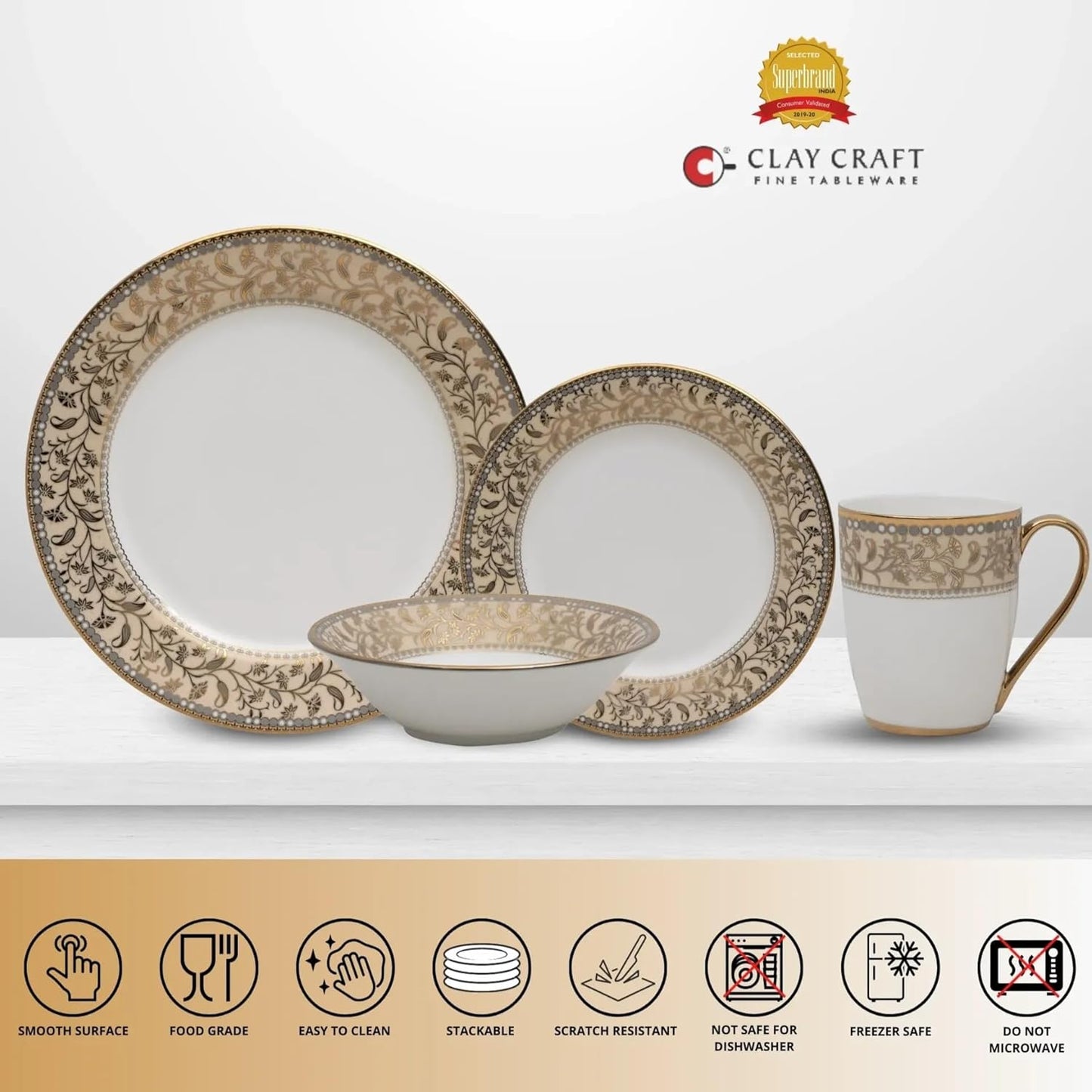 Clay Craft Fine Ceramic Ebony Dinner Set, Enchanting Gold, for Family of 4, Dinner Set Ceramic, Crockery Set, Dining Set for Dinner, Crockery Set for Gift, Kitchen Set (16 Pieces, E649)