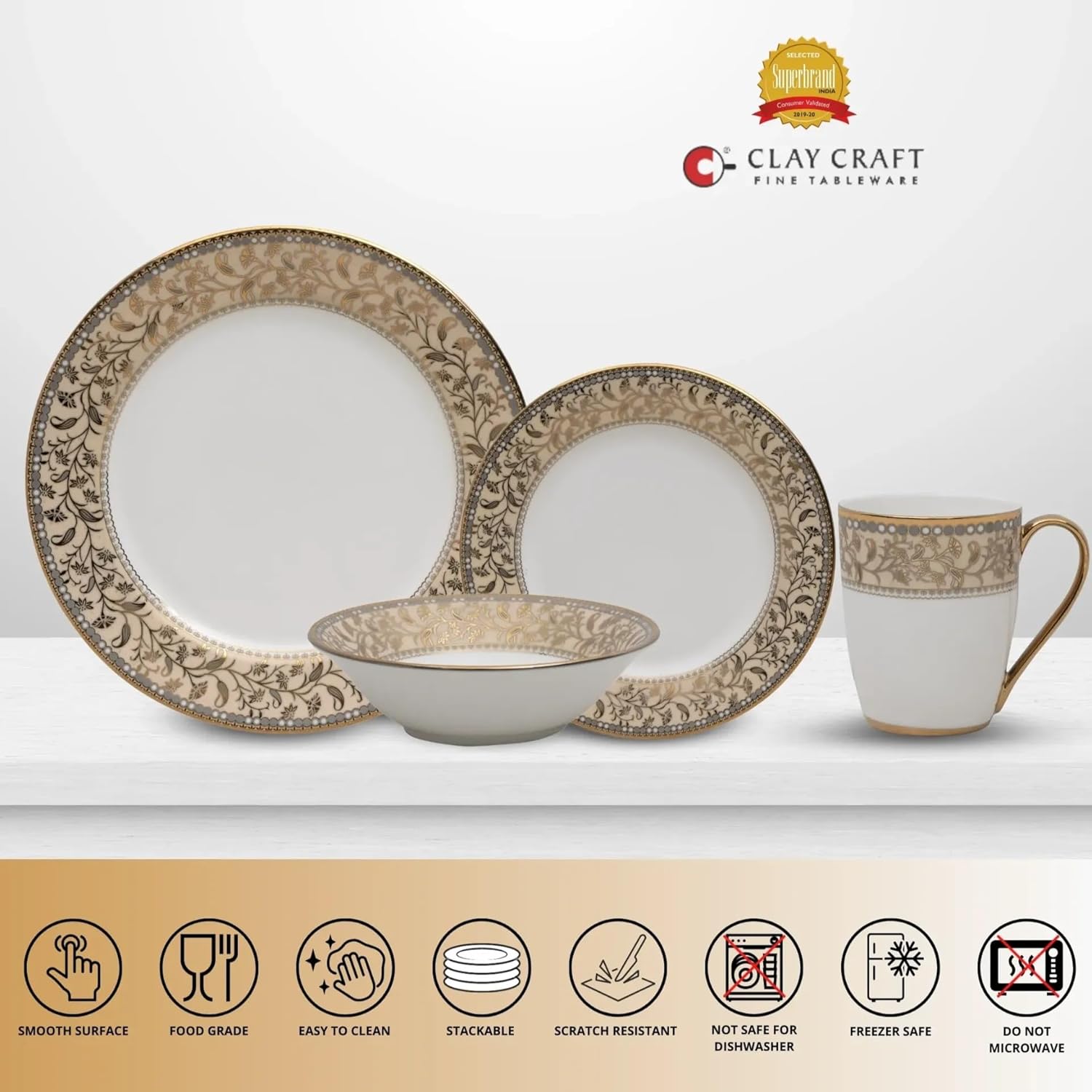 Clay Craft Fine Ceramic Ebony Dinner Set, Enchanting Gold, for Family of 4, Dinner Set Ceramic, Crockery Set, Dining Set for Dinner, Crockery Set for Gift, Kitchen Set (16 Pieces, E649)