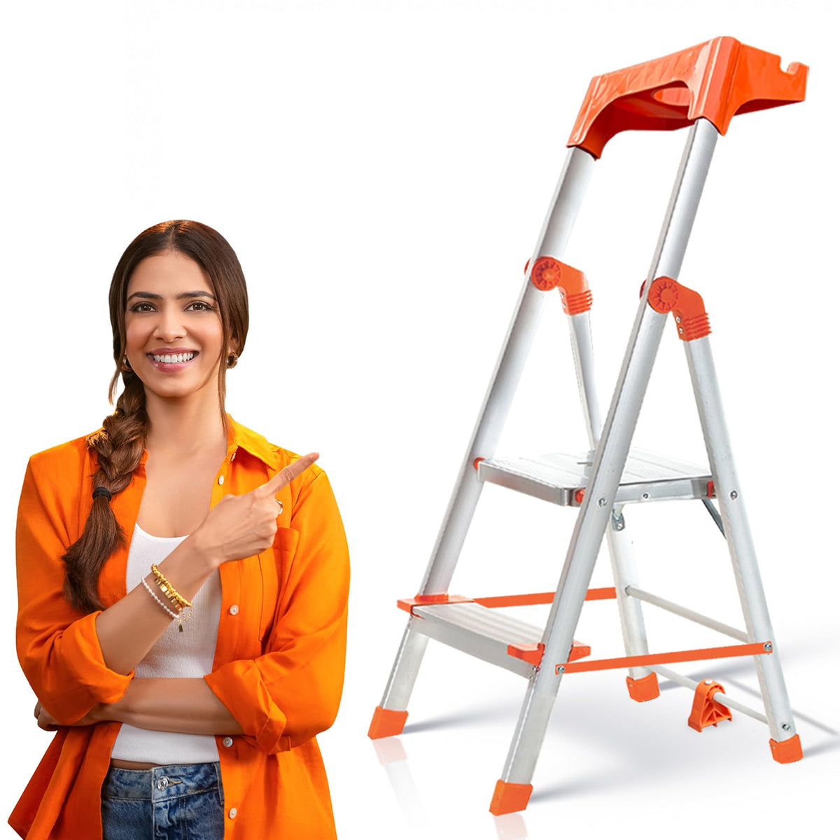 PROHOME Aluminium Ladder for Home 5 Steps Foldable with Railing & Anti-Skid Wide Steps | 5 Step Ladder for Home Use, Kitchen & Household | 250 Kg Capacity Folding Ladder | 5 Year Warranty (Orange)