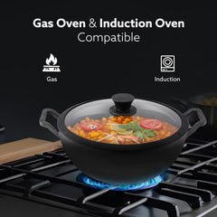 AGARO Royal Pre Seasoned Cast Iron Kadai with Glass Lid, No Chemical Coating, Rigid Iron Handle, 4.3L, Uni-Body Design, Fast Heating, Heavy Weight, Gas & Induction Oven Compatible, Cooking, Black
