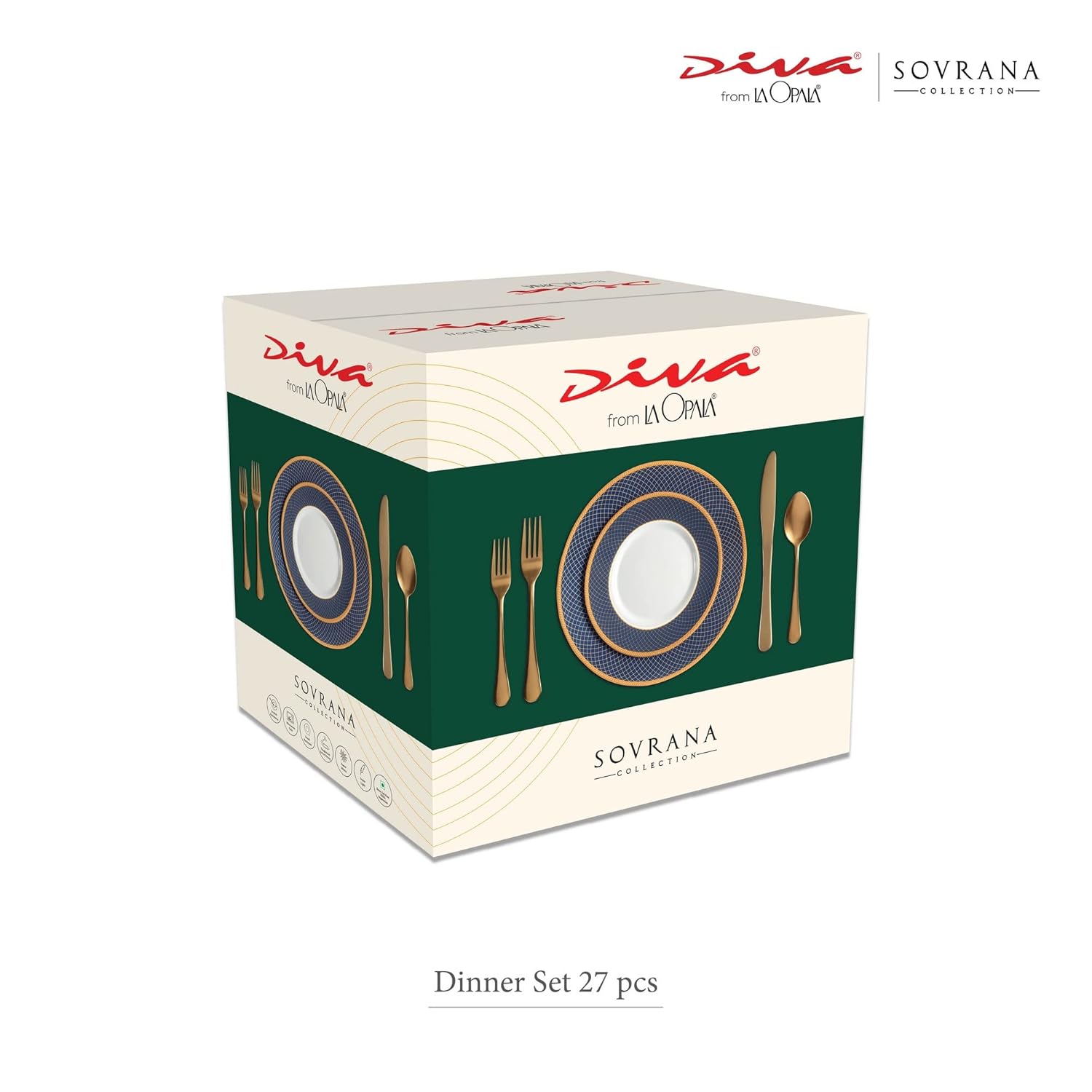 La Opala Diva Sovrana Collection Opal Glass Crockery | for Family of 6 | Dinner Set 27 pcs Regent Blue | Plates & Bowls for Dining | Microwave Safe | 100% Vegetarian | Extra Strong | Light & White