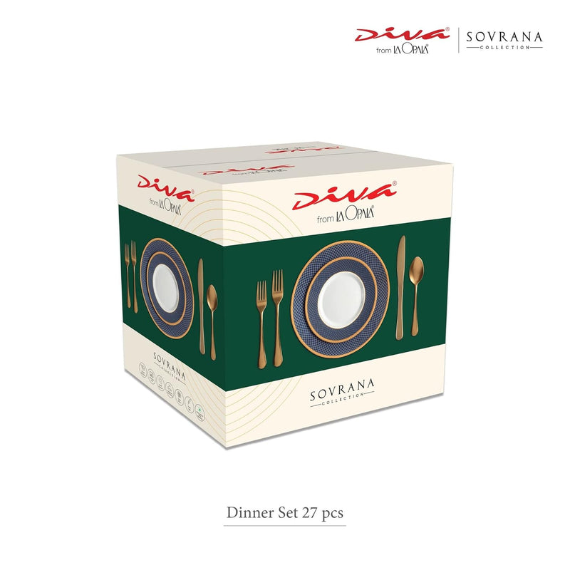 La Opala Diva Sovrana Collection Opal Glass Crockery | for Family of 6 | Dinner Set 27 pcs Regent Blue | Plates & Bowls for Dining | Microwave Safe | 100% Vegetarian | Extra Strong | Light & White