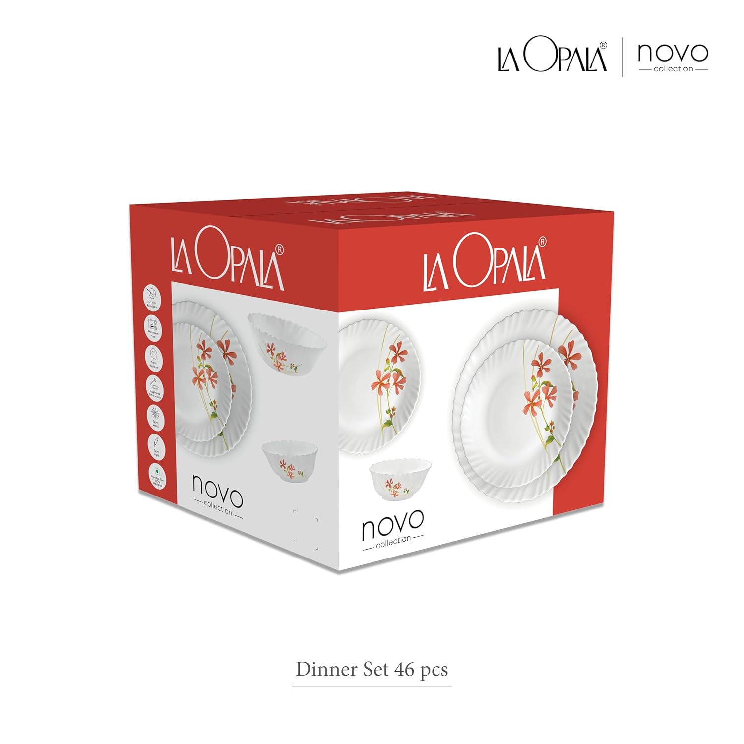 La Opala Novo Collection Opal Glass Crockery | for Family of 8 | Dinner Set 46 pcs English Lavender | Plates & Bowls for Dining | Microwave Safe | 100% Vegetarian | Extra Strong | Light & White