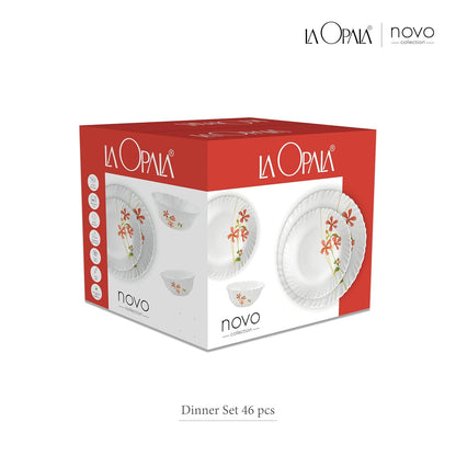 La Opala Novo Collection Opal Glass Crockery | for Family of 8 | Dinner Set 46 pcs English Lavender | Plates & Bowls for Dining | Microwave Safe | 100% Vegetarian | Extra Strong | Light & White