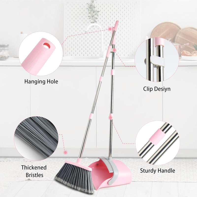 Broom and Dustpan Set, Efficient Floor Cleaning with Broom, Long Handle and Standing Dustpan with Comb Teeth, Adjustable Handle for Home Kitchen Office Lobby(Gray Pink)