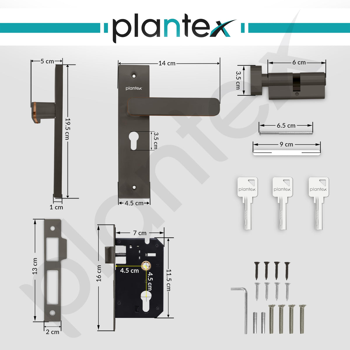 Plantex Heavy-Duty Main Door Mortise Lock Handle Set with 3 Keys, Brass Lock Body & Cylinder (8125 - Grey & PVD Choco)-3