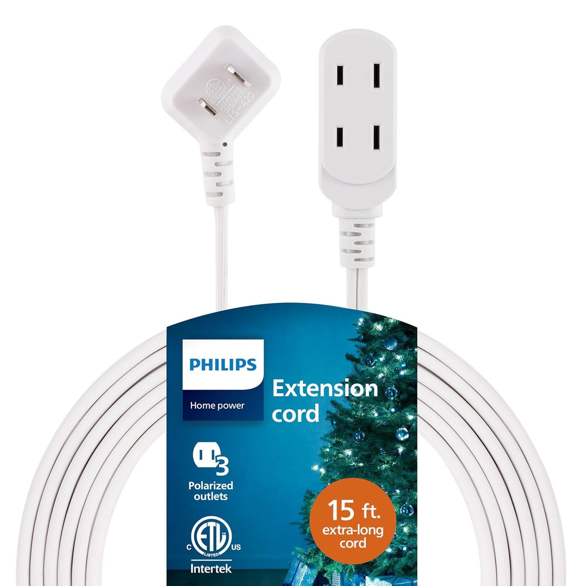 Philips 3 Outlet Extension Cord, 15 Feet Long Cord, Polarized Outlets, Flat Plug, Perfect for Home or Office (SPS1032WE / 27)