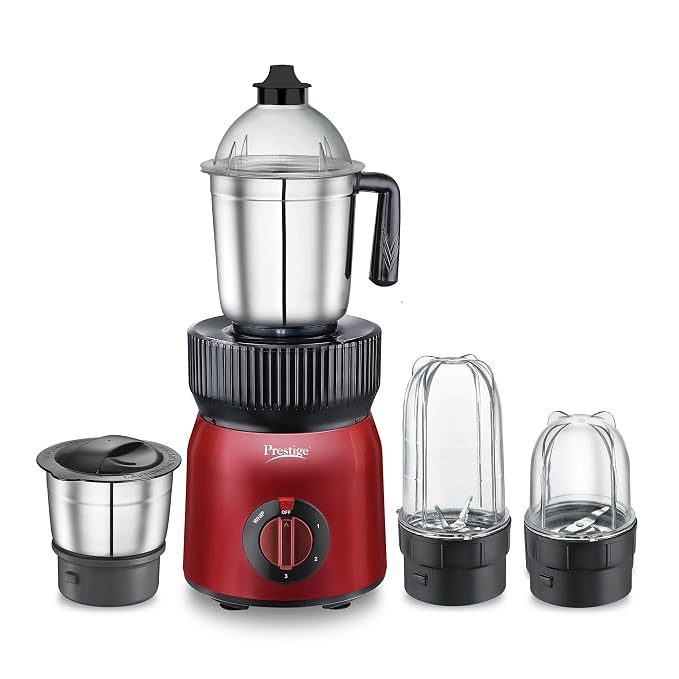 Prestige Fusion 4J 750 Watt Mixer Grinder with with 4 Jars (2 Stainless Steel + 2 Transparent) | Space-Saving Design | Extra Sipper & Storage Lid | Stainless Steel Blades | 2Y Warranty | ISI Certified