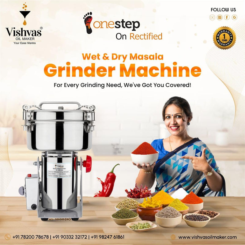 Vishvas Oil Maker Spice Masala Grinder Machine 1Kg with Fast and Efficient Grinding for Spices, Herbs and Dry Fruits 1 Kg, Stainless Steel