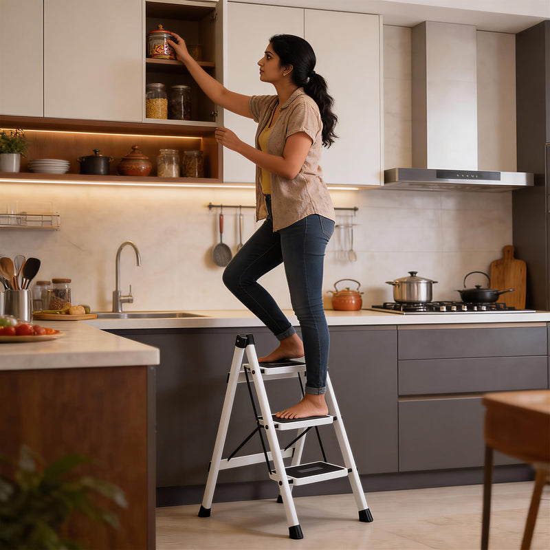 Plantex 3 Step Ladder for Home Use/Wide Anti-Slip Heavy-Duty Step Stool/Lightweight Kitchen Ladder 3 Step (White)-3