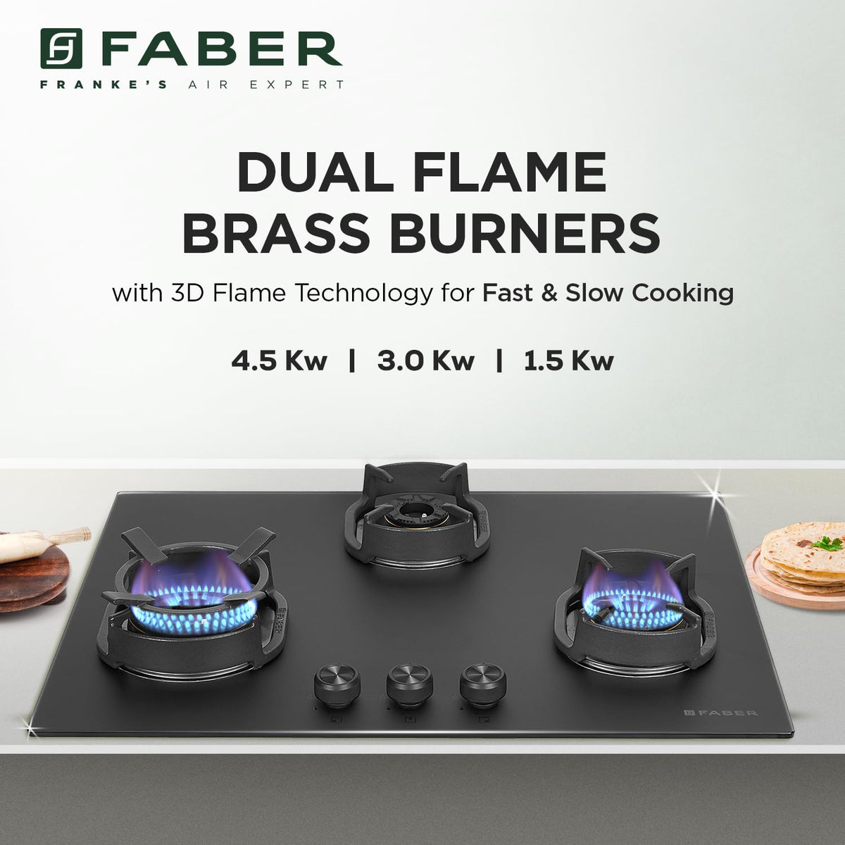 Faber Della 3 Burner 72Cm Hob |Auto Ignition|Brass Burner| Cast Iron Pan Support |Hob/Cooktop Hybrid| Matt Black Glass F