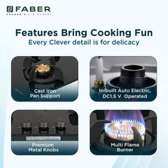 Faber 3 Burner 70cm Hobtop|Auto-Ignition|Metal Knobs|Cast Iron Pan Support |Hob/Cooktop Hybrid| Black Glass Finish|5Yr W