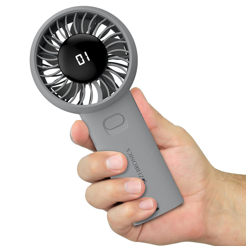 Zebronics Heat Buster 200, Portable Hand Fan, Upto 12h Backup, 3600mAh Rechargeable Battery, 5 Speed Modes, Upto 5.9m/s Airflow, LED Display, for-3