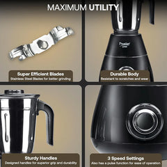 Prestige Apex Blendo 500W 4Jars Mixer Grinder|2 Full Size Stainless Steel Jar|2 Nutri-Blend Jar|3 Super Efficient Blades|Black